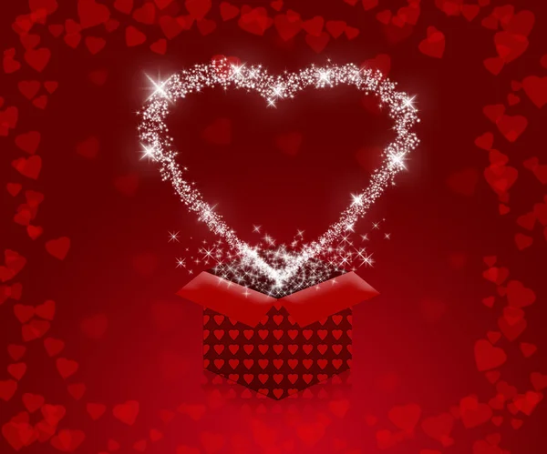 Sfondo con cuori rossi e confezione regalo per San Valentino. Cornice amore con cuore . — Foto Stock