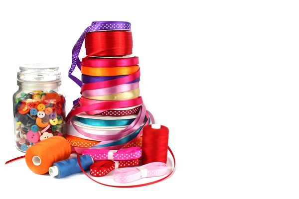 Colorful ribbons, sewing, craft and haberdashery items — Stock Photo, Image