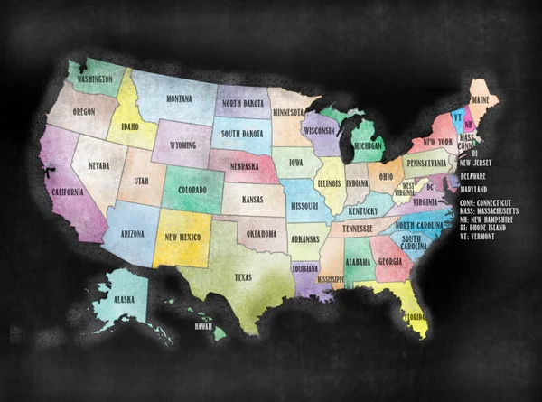 Tablica lub mapy państw amerykańskich Chalkboard Stany Zjednoczone Ameryki. — Zdjęcie stockowe