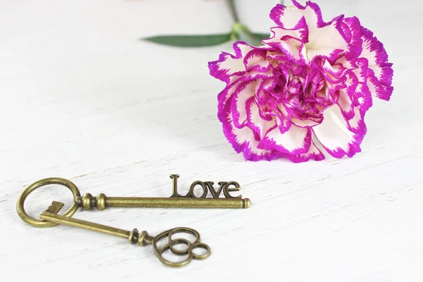 Sevgililer günü anahtar sevgi ve güzel çiçek arka plan — Stok fotoğraf