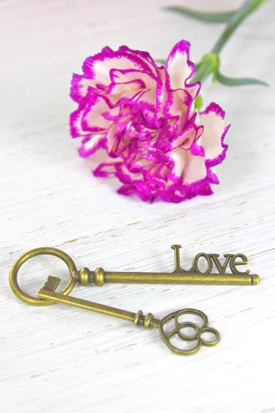 Antika anahtarları ve Beyaz ahşap zemin çiçek — Stok fotoğraf