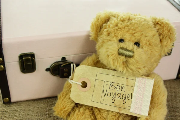 Ours en peluche avec valise vintage et étiquette de bagage bon voyage — Photo