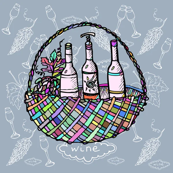 Wine in basket set — 스톡 벡터