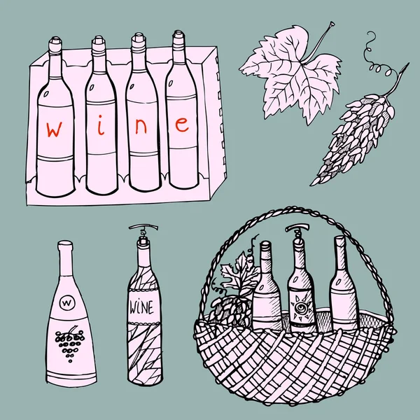 Wine in basket set — Stok Vektör