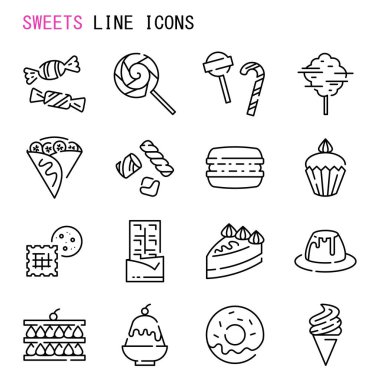 Sweets çizgi simgeleri, Tatlılar için basit işaret çizgisi simgeleri, şirin çizgi film simgeleri seti, vektör illüstrasyonu, Sweets ile ilgili çizgi simgeleri 