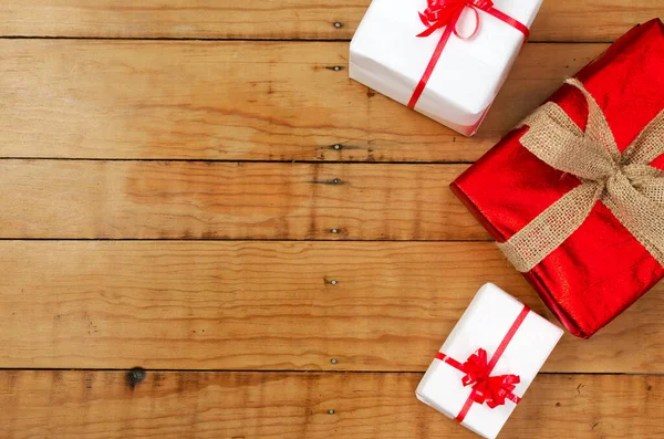 Christmas Gifts Wooden Table Top View — Stock Photo, Image