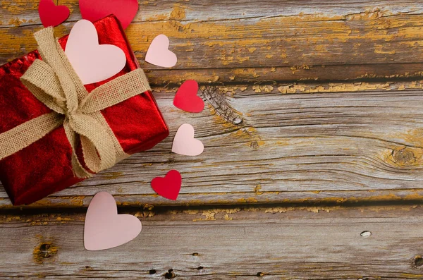 Gift Box Hearts Wooden Table Background Valentine Day — Stock Photo, Image