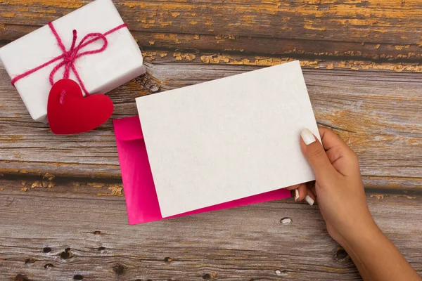 Blank Card Held Female Hand Table Craft Items Valentines Day — Stock Photo, Image