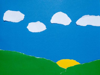 Yaratıcı Yırtık Kağıt Kolajı Bulutlar, Güneş ve Yeşil Tepeler