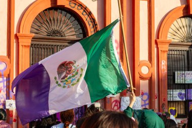 Colima, Colima, Meksika. 8 Mart 2026: Kadın hakları protestosu sırasında mor çizgili bir Meksika bayrağının dalgalanması.