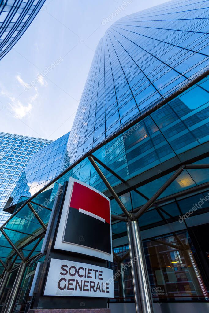 Puteaux, France - November 12, 2020: Exterior view of Societe Generale twin towers, headquarters of the French bank located in the Paris-La Defense business district