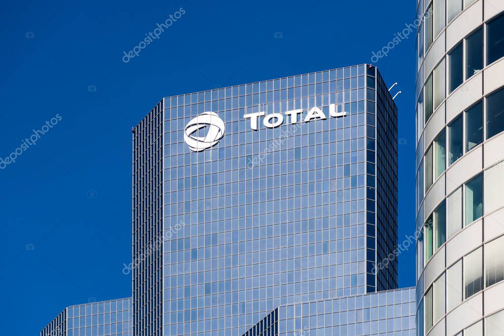 Courbevoie, France, November 12, 2020: Exterior view of the Total Coupole tower, housing the head office of the oil company Total, and located in the business district of Paris La Defense