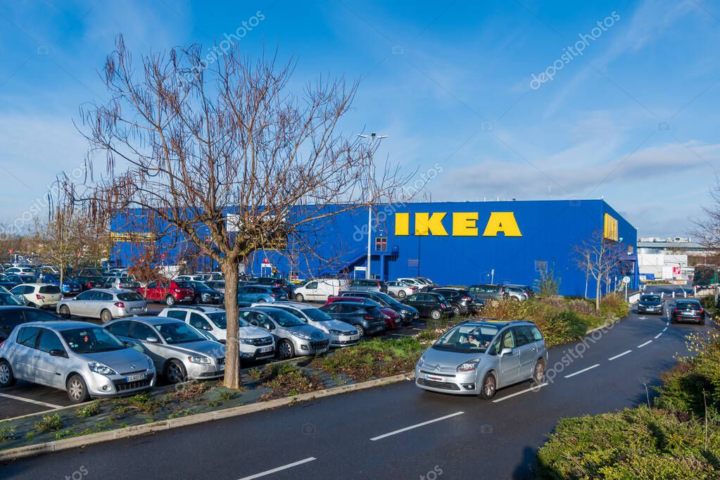 Plaisir, France - December 30, 2020: Exterior view of an Ikea store. Ikea is a Swedish-born company specializing in designing and retailing ready-to-assemble furniture, and decorative items
