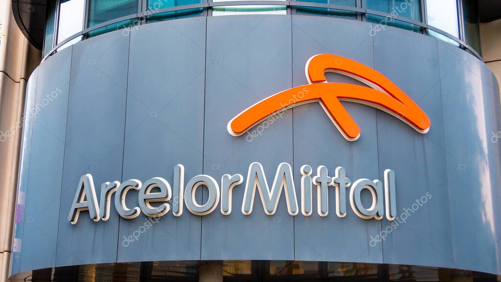 Saint-Denis, France- September 26, 2021: Logo on the headquarters of the company ArcelorMittal France, French subsidiary of the global steel group ArcelorMittal