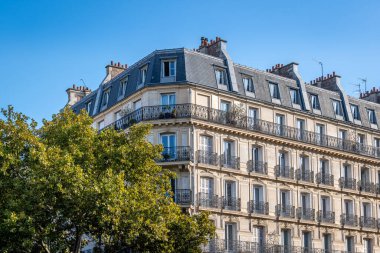 Ağaçlarla kaplı bir cadde boyunca Haussmann tarzı Paris konutları. Fransa ve Paris 'teki eski evler için emlak piyasası ve konut sorunları kavramları