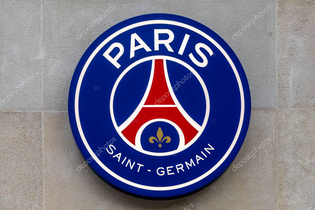 Paris, France - November 3, 2025: Logo on the facade of a PSG merchandising store. Paris Saint-Germain Football Club, also known as PSG, is a French professional football club based in Paris, France