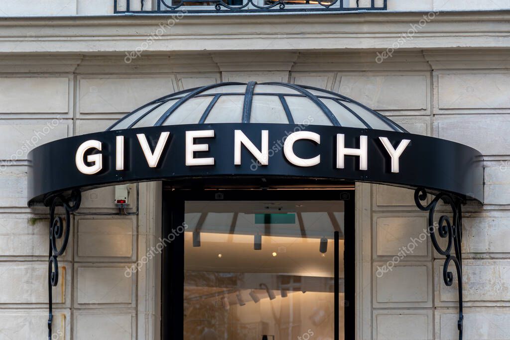 Paris, France - November 3, 2025: Sign at the entrance to a Givenchy store in the Champs-Elysees district of Paris, France. Givenchy is a French luxury brand belonging to the LVMH group