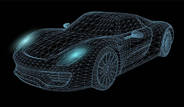 Model birinci sınıf bir sedan kullanıyor. Siyah bir arkaplan üzerinde yeşil çokgen üçgen ızgara şeklinde vektör illüstrasyonu.