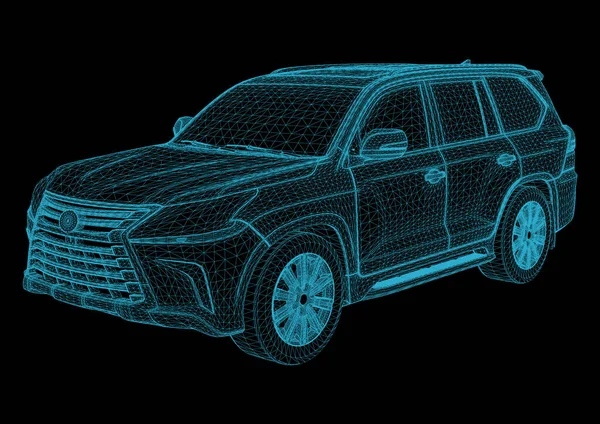 Model birinci sınıf bir sedan kullanıyor. Siyah bir arkaplan üzerinde yeşil çokgen üçgen ızgara şeklinde vektör illüstrasyonu.
