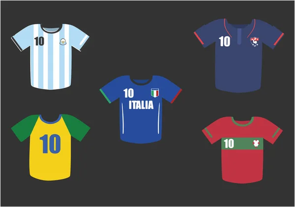 Beyaz arka planda Avrupa milli futbol takımlarının tişörtleri ve bayrakları. Vektör illüstrasyonu.