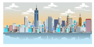 New York cityscape vektör çizim. Çizgi film New York yerler gece, Özgürlük Kulesi bir Dünya Ticaret Merkezi ve ünlü bize Amerika şehir binaları veya gökdelen mimarisi ile aydınlatma