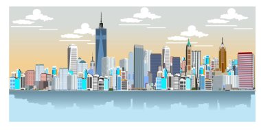 New York cityscape vector illustration. Cartoon New York landmarks in night, Freedom Tower on One World Trade Center and famous US America city buildings or skyscraper architecture with illumination clipart