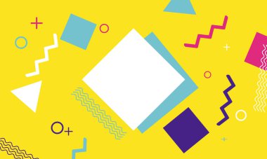 Sarı arka planda soyut renkli Memphis tarzı. Pankart için tasarım.