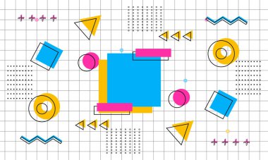 Memphis tarzında soyut sarı, mavi ve pembe. Reklamlar için şablon.