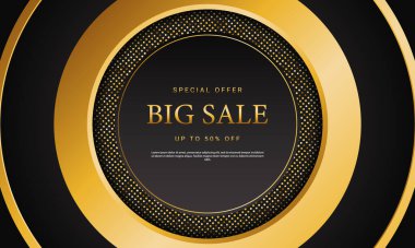 Siyah ve altın halkalar ve yarım ton desenli lüks afişler. Vektör illüstrasyonu.