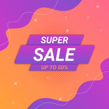 Turuncu ve mor gradyan sıvısı olan indirimli afiş. Vektör illüstrasyonu.