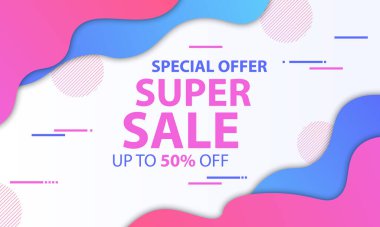 Pembe ve mavi dalgalı şekilli indirimli afiş. Vektör illüstrasyonu.