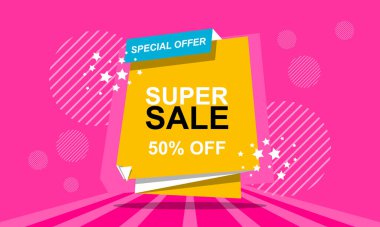 Renkli konuşma baloncuklu indirimli afiş. Vektör illüstrasyonu.