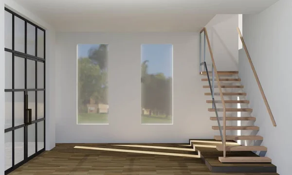 Minimalist empty room with stair. 3D rendering illustration.