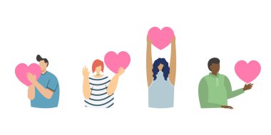 Kalbi beyaz arka planda tutan farklı insanlar. Vektör illüstrasyonu.