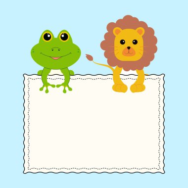 Mavi arka planda şirin hayvanlar, kurbağalar ve aslanlar olan beyaz bir çerçeve. Vektör illüstrasyonu.