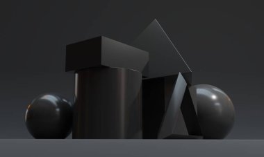Soyut koyu siyah geometrik şekil arkaplanı. 3B resimleme.