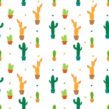 Kusursuz desenli arka planda renkli kaktüsler. Vektör illüstrasyonu.