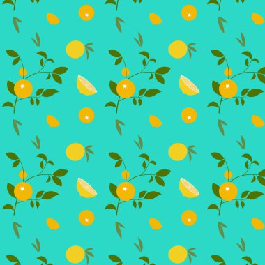 Abstract pattern with orange and leaves on blue background. Vector illustration.