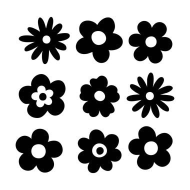 Dengeli bir 3x3 ızgarada dizilmiş dokuz eşsiz siyah çiçek ikonunun görsel keşfi, şekli, ritmi ve doğal güzelliği kutluyor.