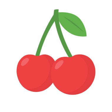 Yeşil saplı iki kırmızı kiraz ve tazeliği ve cazibeyi simgeleyen tek bir yaprağın canlı sanatsal tasarımı.