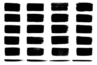 Tercüme edilmiş 25 adet siyah fırça darbesi karesi, dokunun çalışması ve görsel referans için aşağıda dört yatay darbeyle 5x5 ızgarada düzenlenmiştir.