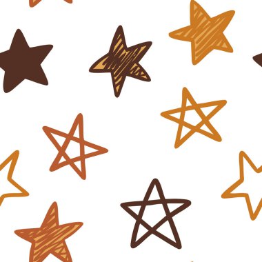 Dekoratif, pürüzsüz bir desen. Değişik yıldız şekilleri. Sıcak kahverengi turuncu ve sarı, beyaz arka planda.