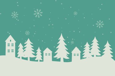 Kar taneleri, krem evler ve karla kaplanmış çam ağaçları ile huzurlu bir kış manzarası.