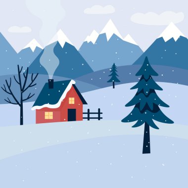 Yüksek dağların altına kar düşerken ılık bir ışıkta parlayan sıcak kırmızı kabin.