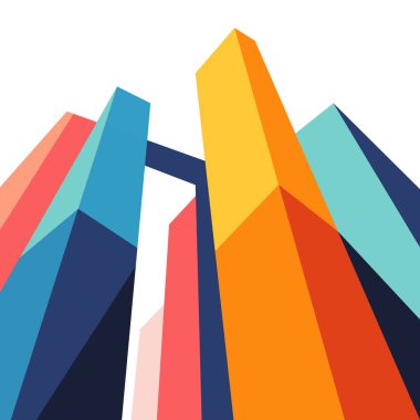 Kalın geometrik şekiller ve canlı renkler, posterler ve markalaşma için ideal soyut şehir silueti oluşturur.