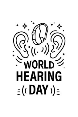 Dünya Duruşma Günü için minimalist illüstrasyonda kulak ve işitme cihazları dünya çapında kulak bakım ve işitme sağlığına yönelik farkındalığı artırıyor