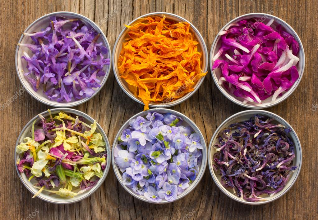 A set of fresh and colorful dried flower petals. aromatherapy, herbal tea,  homeopathic medicine Stock Photo by ©gutaper 104913918