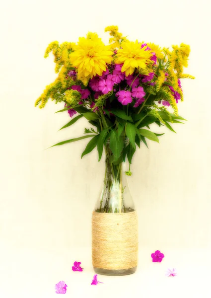Un bouquet de fleurs de chrysanthèmes, phlox et verge d'or dans une bouteille en verre sur fond blanc. photo tonique — Photo