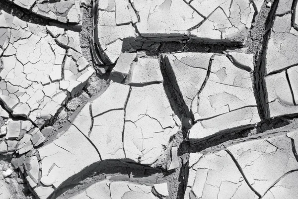 Textura da terra seca nas rachaduras de perto, foto em preto e branco — Fotografia de Stock