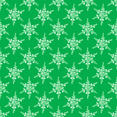 Yeni yıl arkaplanında yeşil arka planda kar taneleri olan kusursuz bir desen